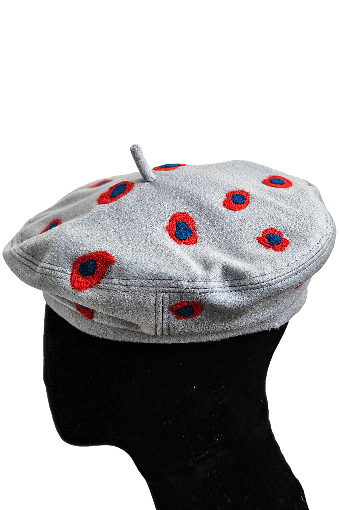 Silk Lined Beret Hat w/ Applique - Lightest Blue & Orange Dots - Medium