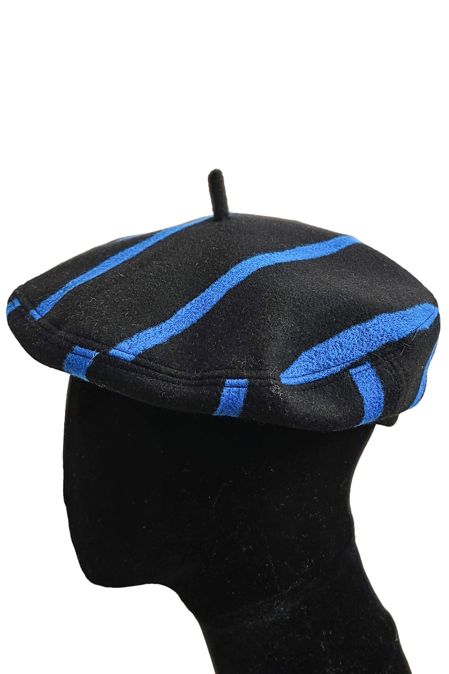 Silk Lined Beret Hat w/ Applique - Black & Blue Stripes - Medium