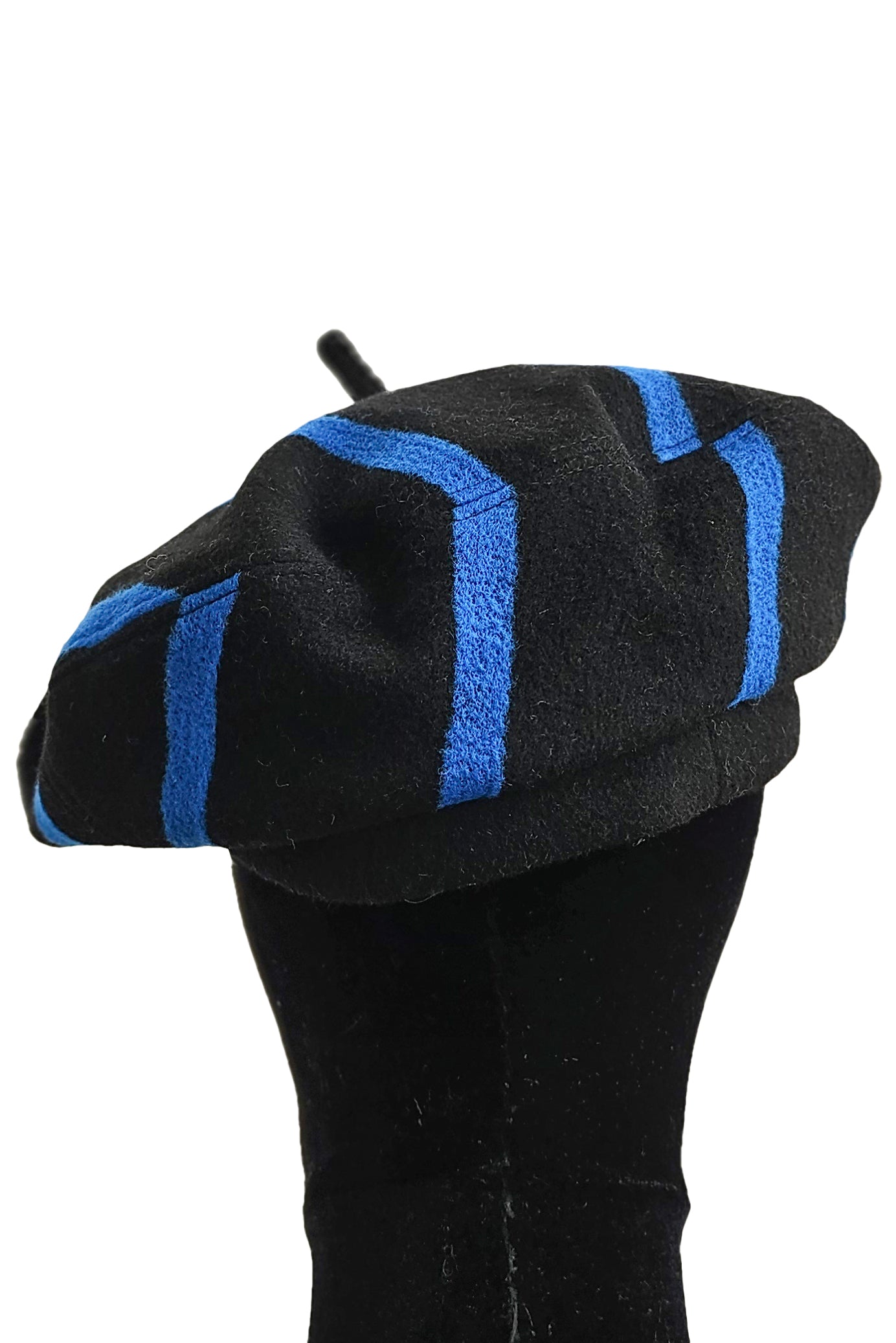 Silk Lined Beret Hat w/ Applique - Black & Blue Stripes - Medium