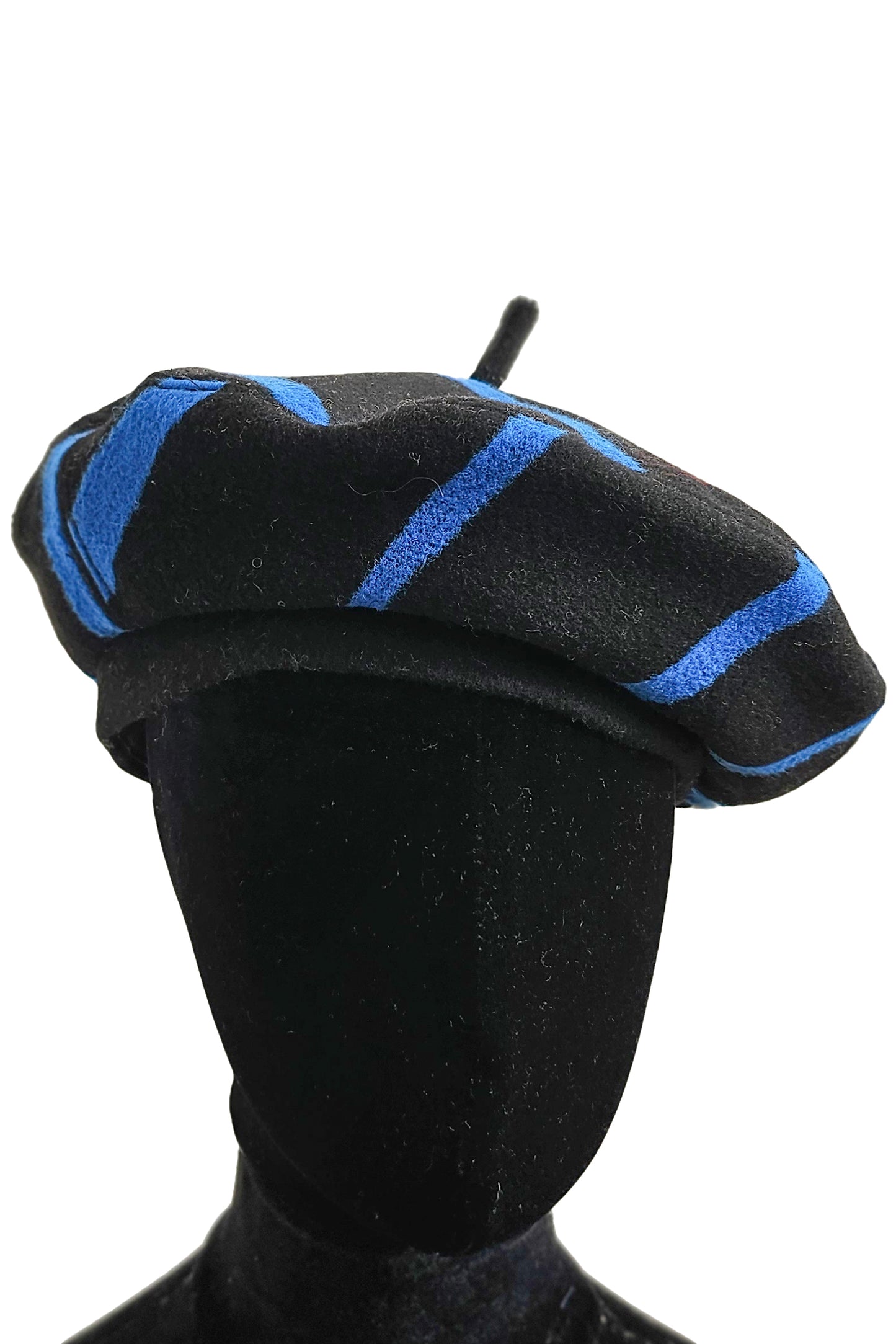 Silk Lined Beret Hat w/ Applique - Black & Blue Stripes - Medium