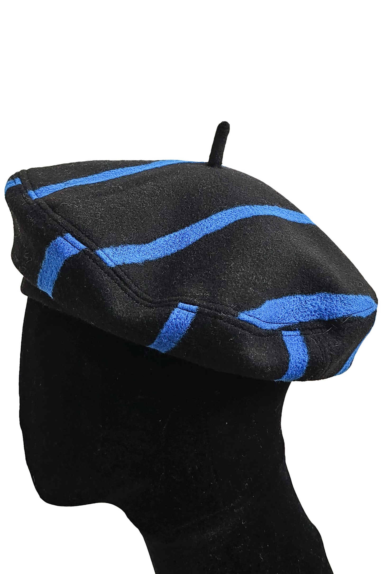 Silk Lined Beret Hat w/ Applique - Black & Blue Stripes - Medium