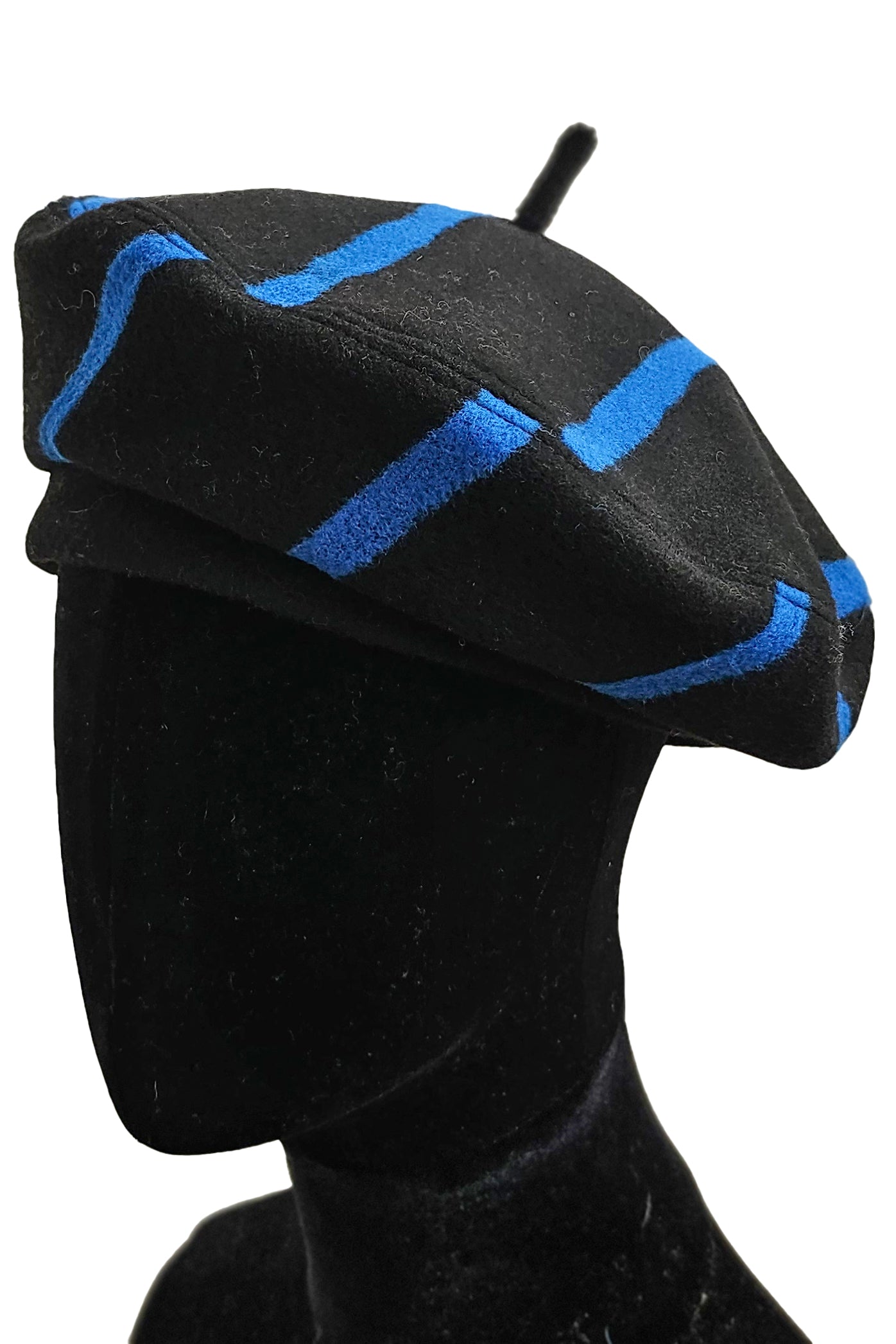 Silk Lined Beret Hat w/ Applique - Black & Blue Stripes - Medium