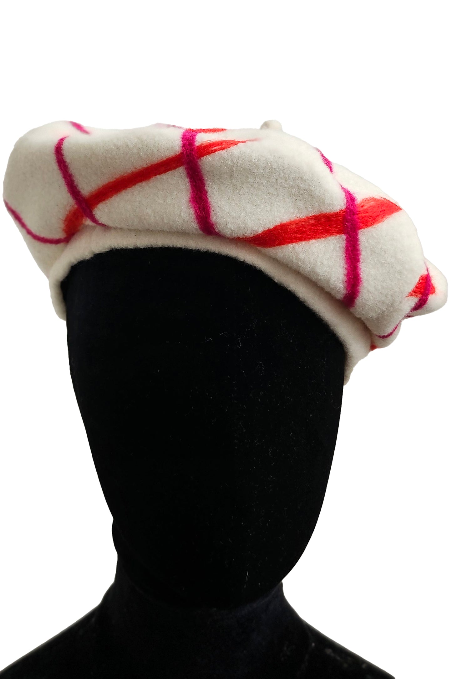 Silk Lined Beret Hat w/ Applique - Cream & Orange, Magenta Plaid - Medium