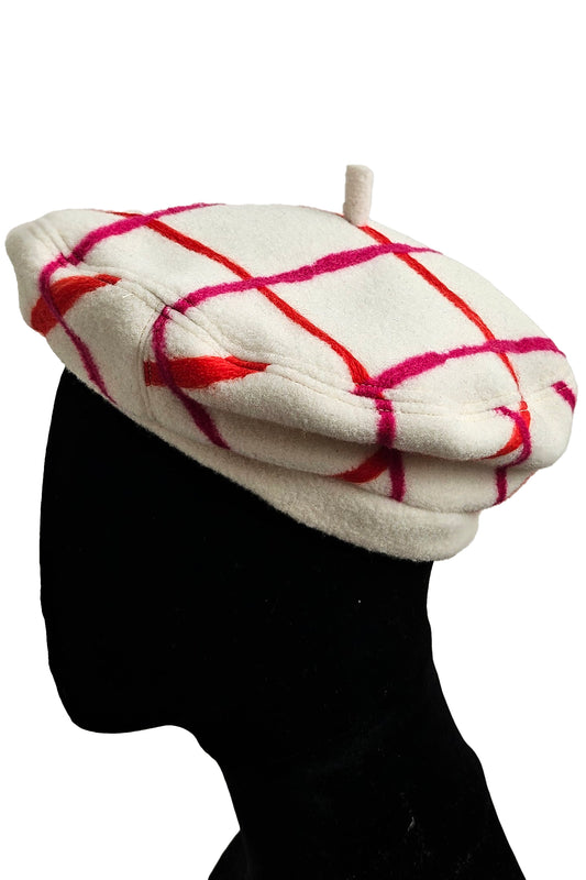 Silk Lined Beret Hat w/ Applique - Cream & Orange, Magenta Plaid - Medium