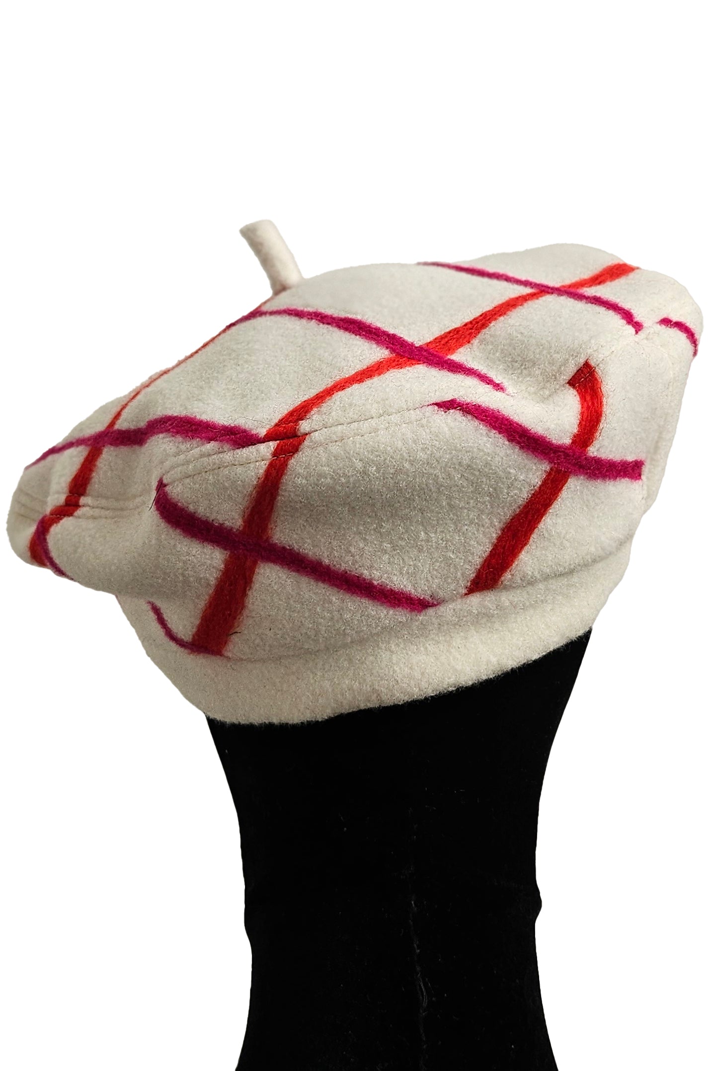 Silk Lined Beret Hat w/ Applique - Cream & Orange, Magenta Plaid - Medium