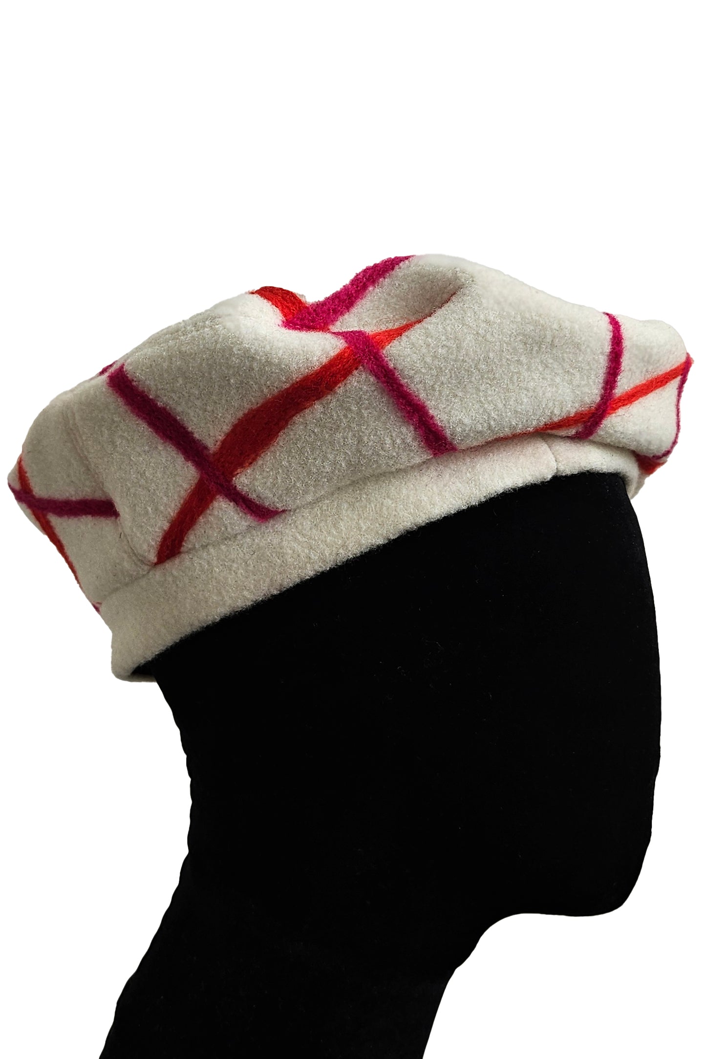 Silk Lined Beret Hat w/ Applique - Cream & Orange, Magenta Plaid - Medium