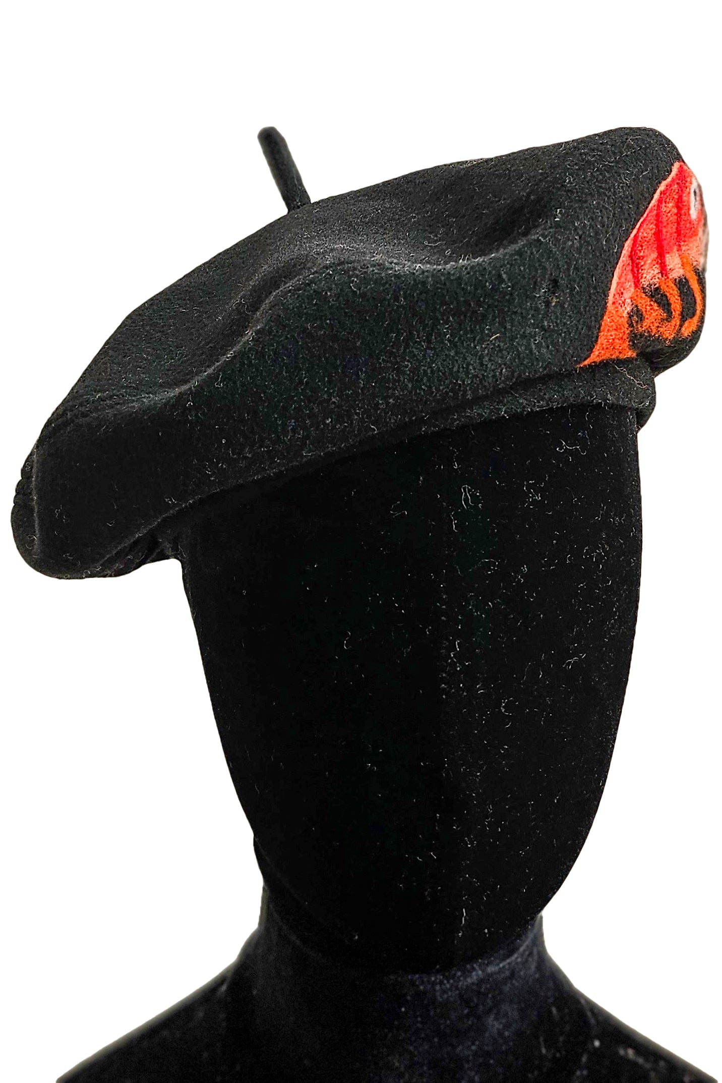 Silk Lined Beret Hat w/ Applique - Black & Orange Crawfish - Medium