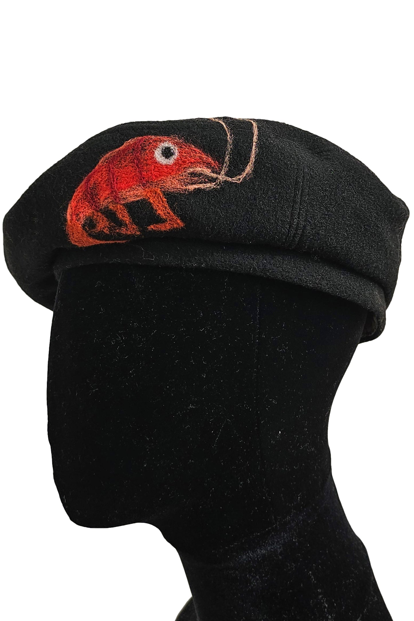 Silk Lined Beret Hat w/ Applique - Black & Orange Crawfish - Medium