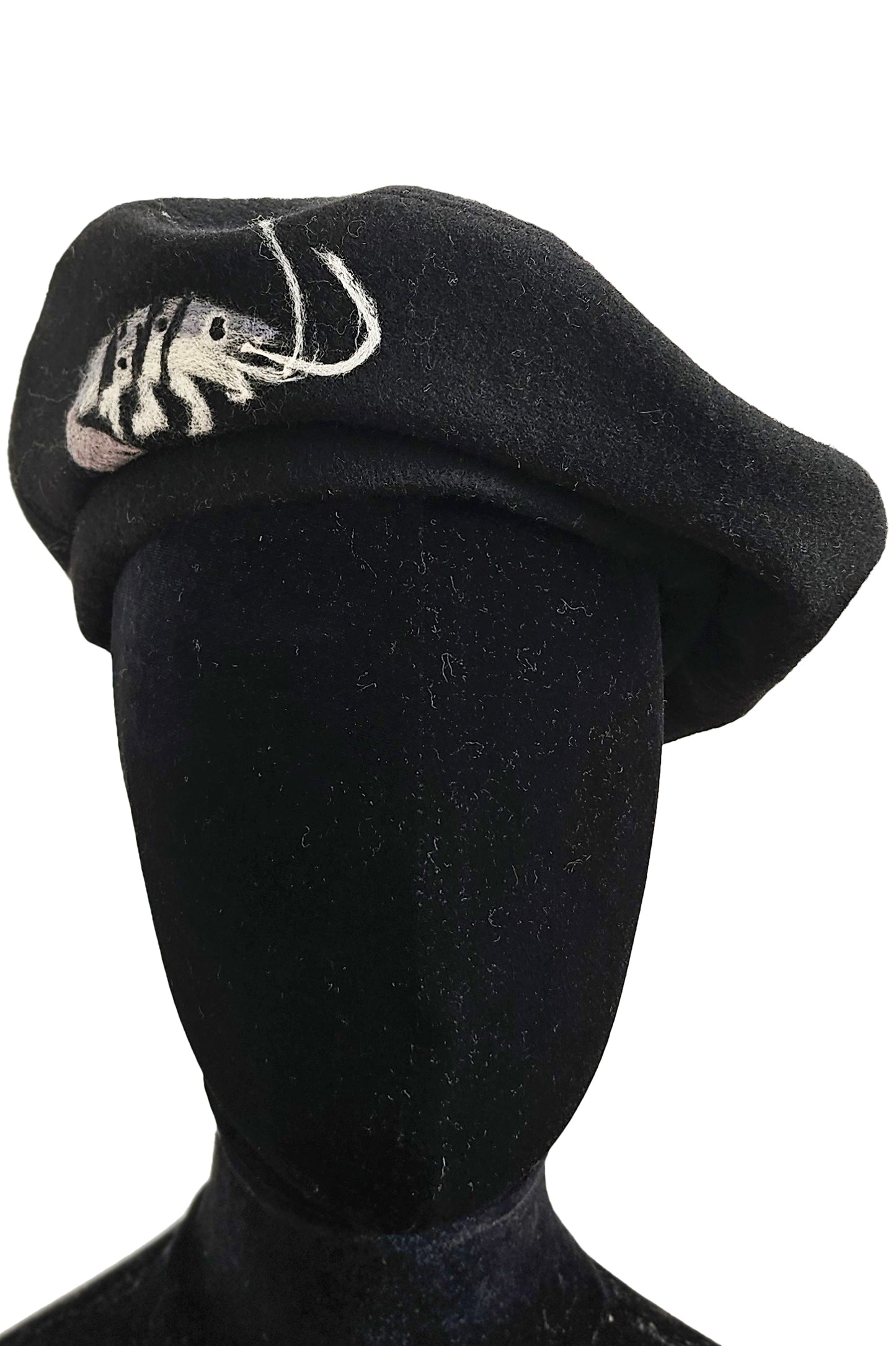 Silk Lined Beret Hat w/ Applique - Black & Grey Crawfish - Medium