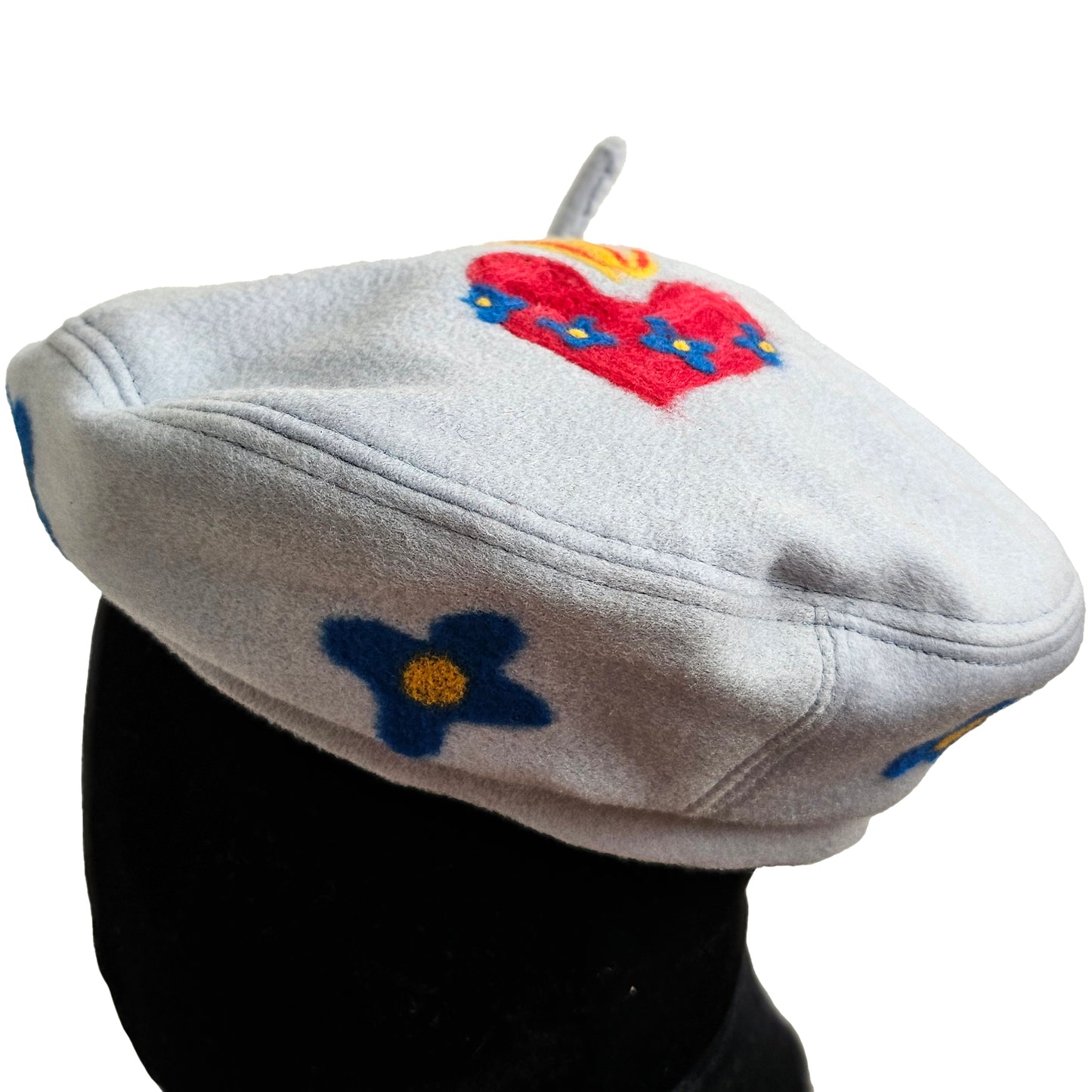 Silk Lined Beret Hat w/ Applique - Lightest Blue & Sacred Heart - Medium