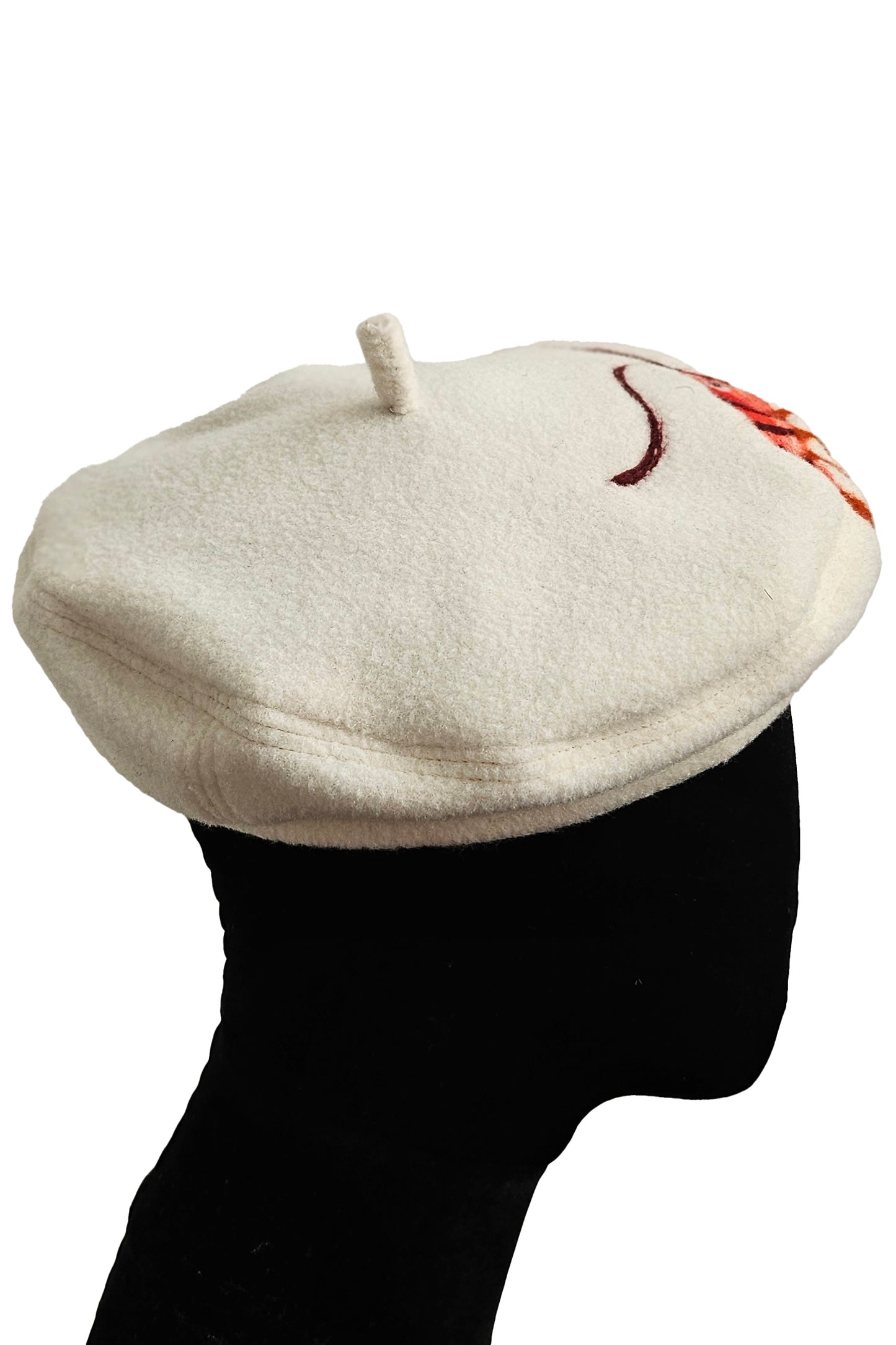 Silk Lined Beret Hat w/ Applique - Creme & Orange Crawfish - Medium