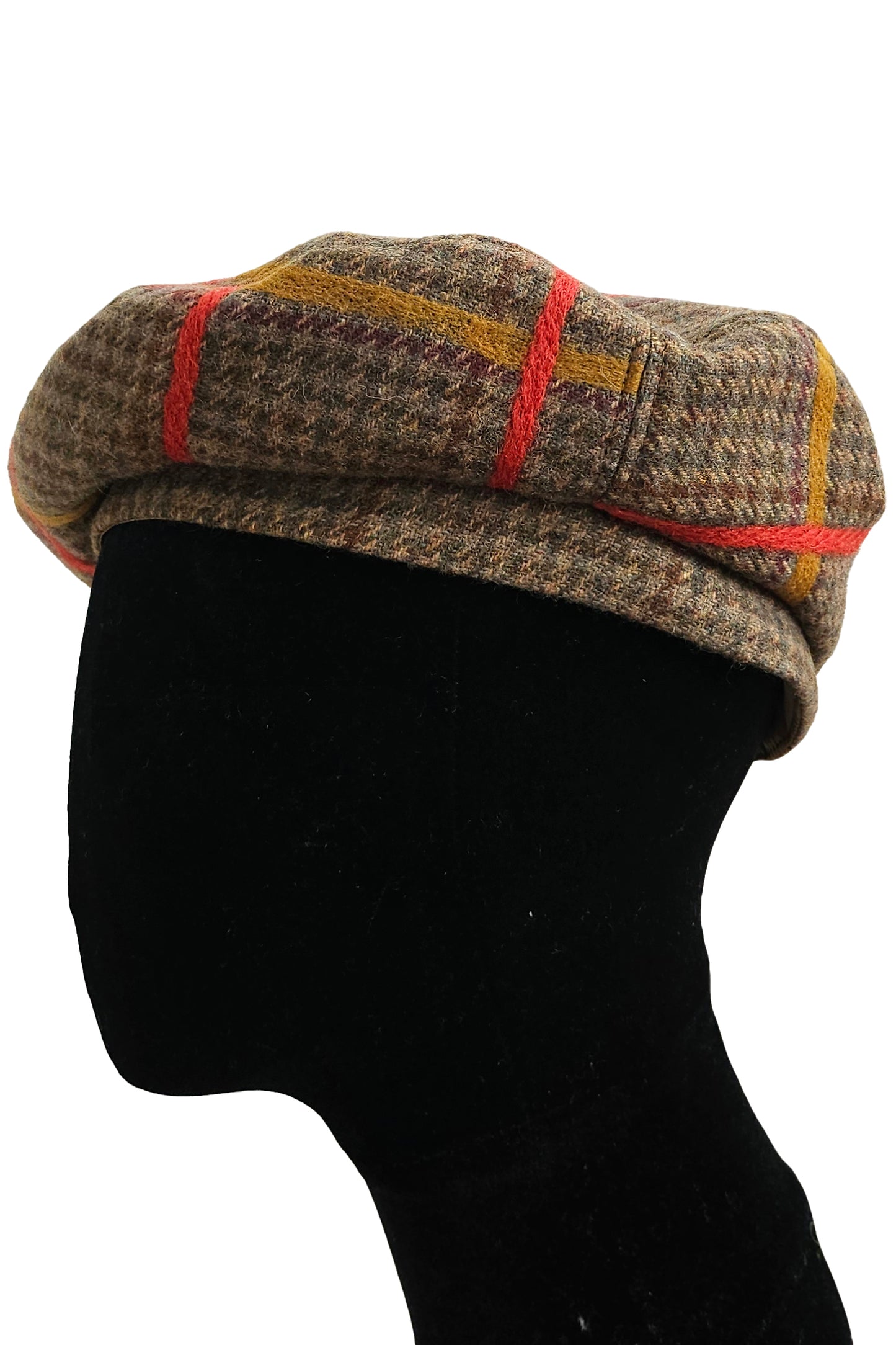 Silk Lined Beret Hat w/ Applique - Houndstooth Brown & Orange, Gold Plaid - Medium