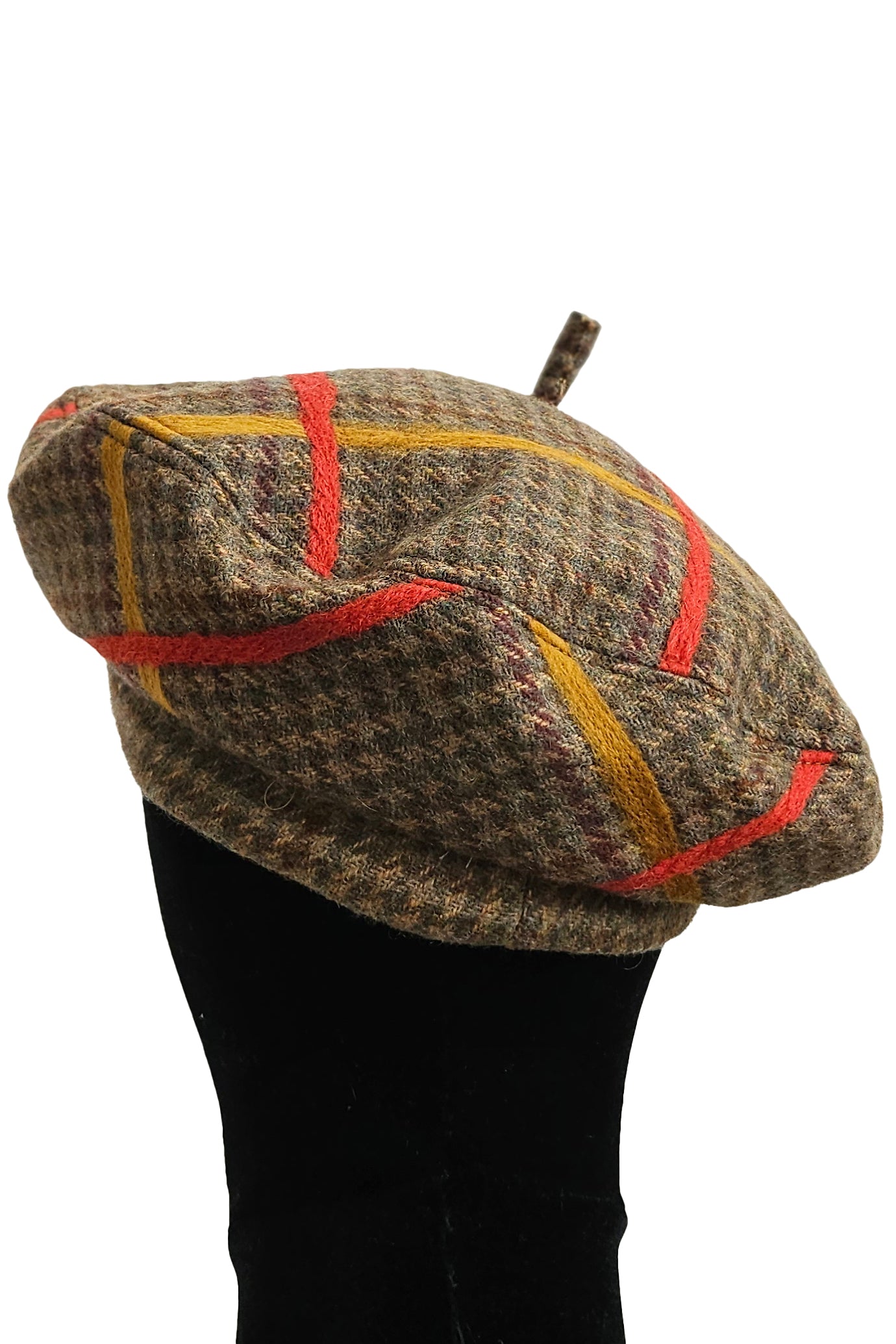 Silk Lined Beret Hat w/ Applique - Houndstooth Brown & Orange, Gold Plaid - Medium