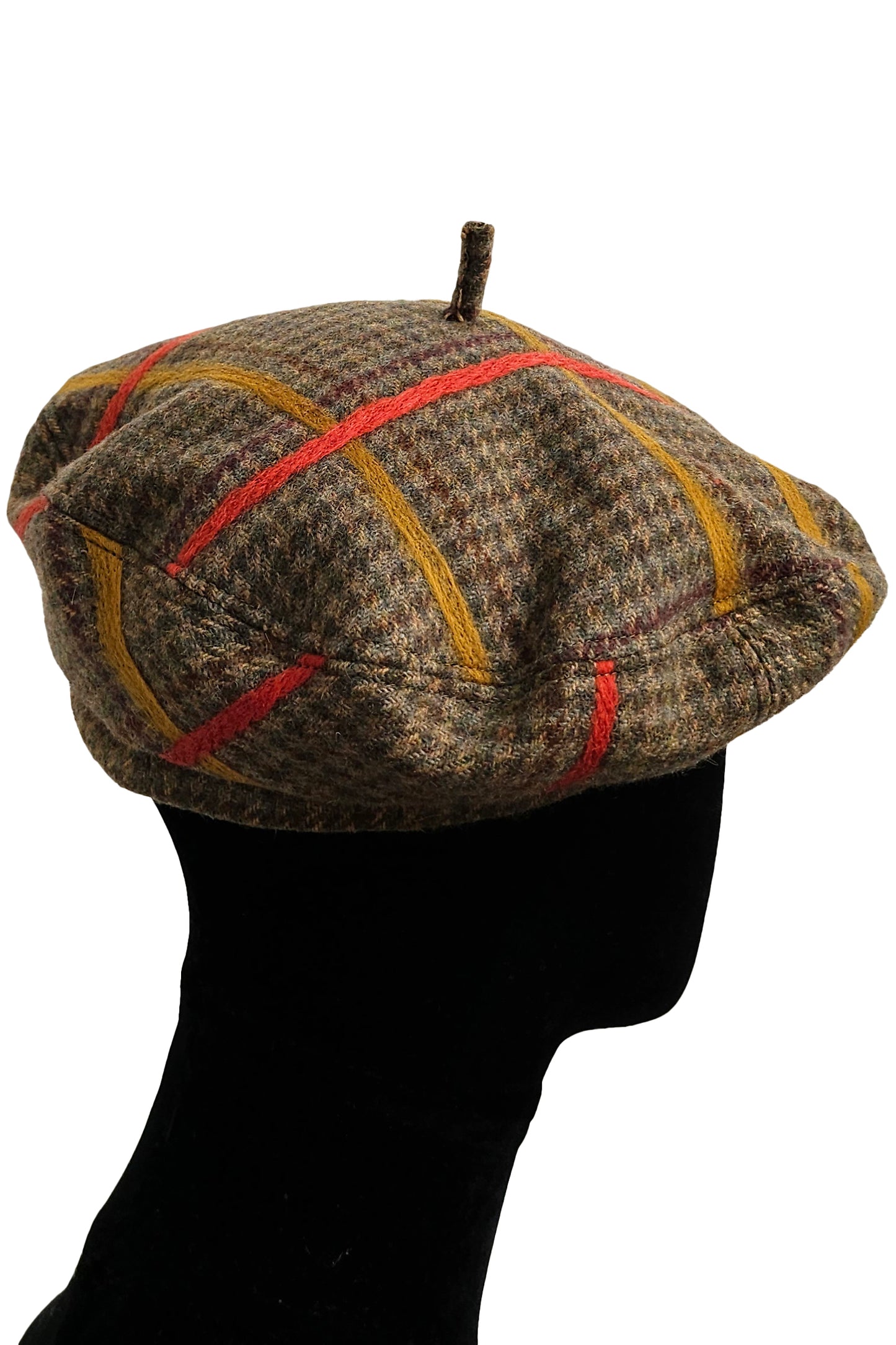 Silk Lined Beret Hat w/ Applique - Houndstooth Brown & Orange, Gold Plaid - Medium