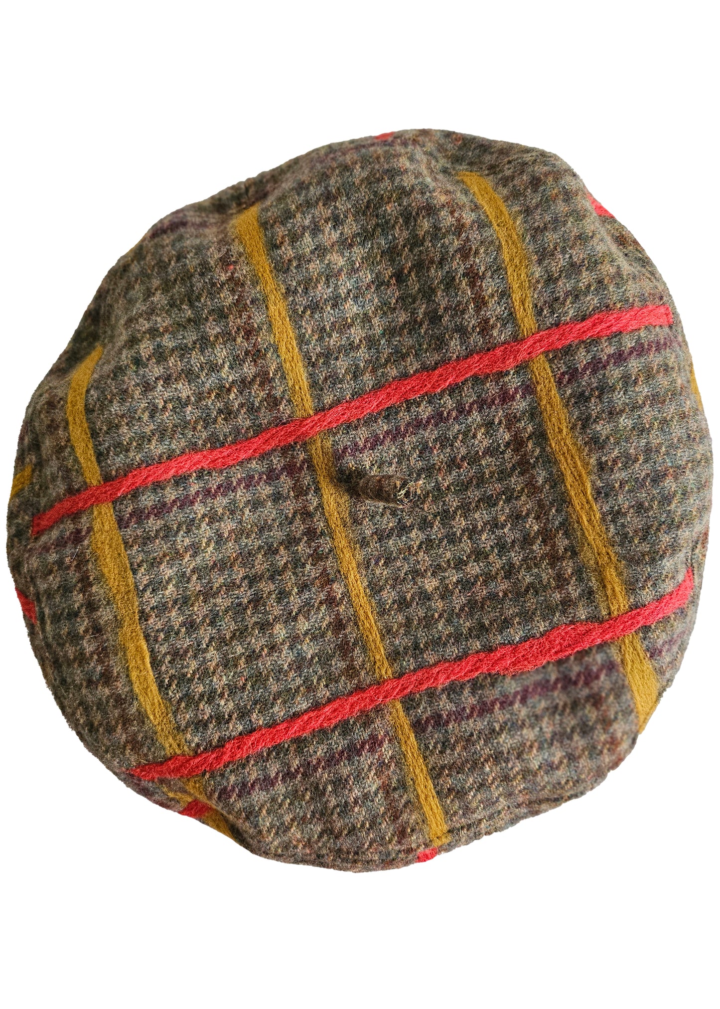 Silk Lined Beret Hat w/ Applique - Houndstooth Brown & Orange, Gold Plaid - Medium