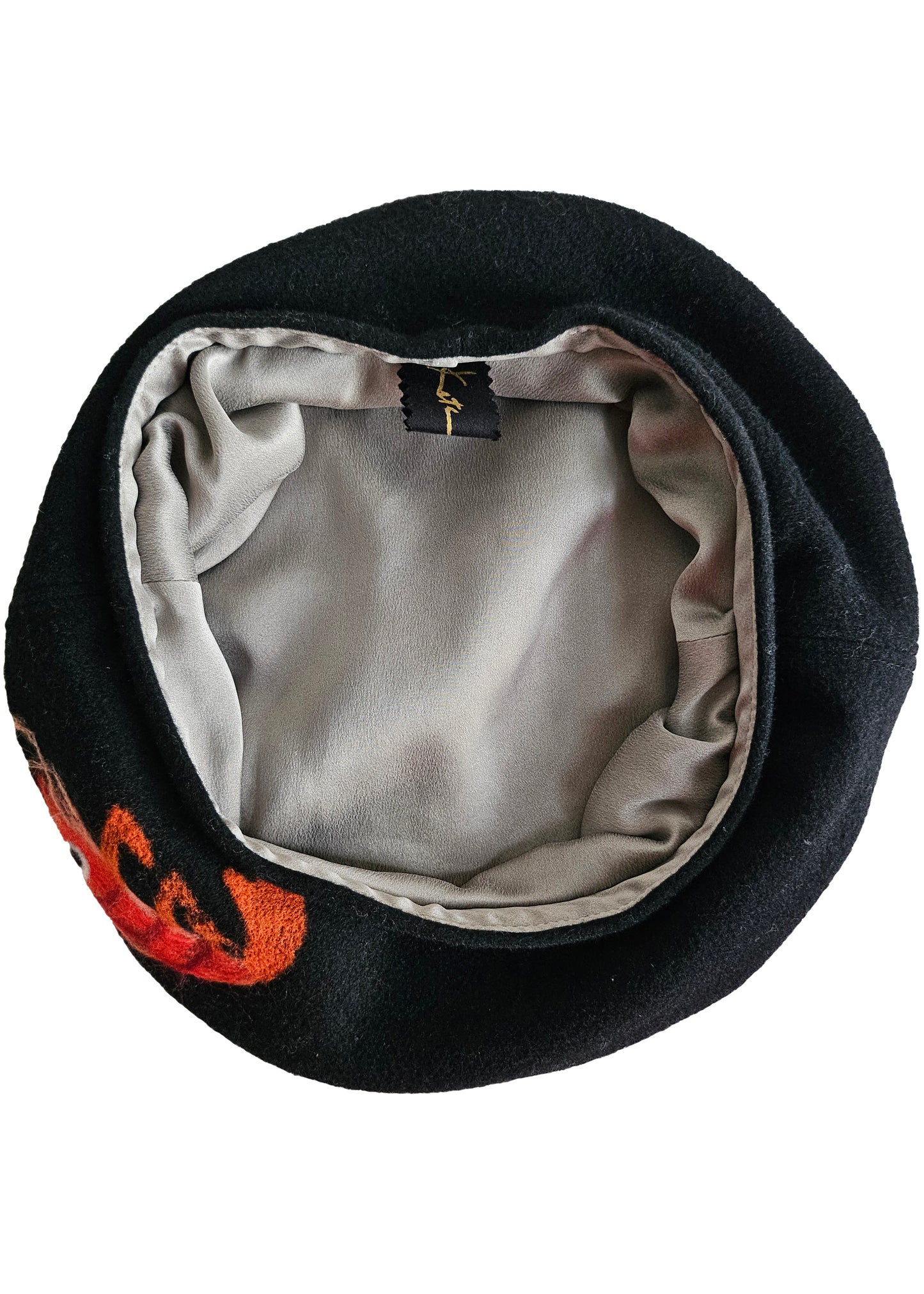 Silk Lined Beret Hat w/ Applique - Black & Orange Crawfish - Medium