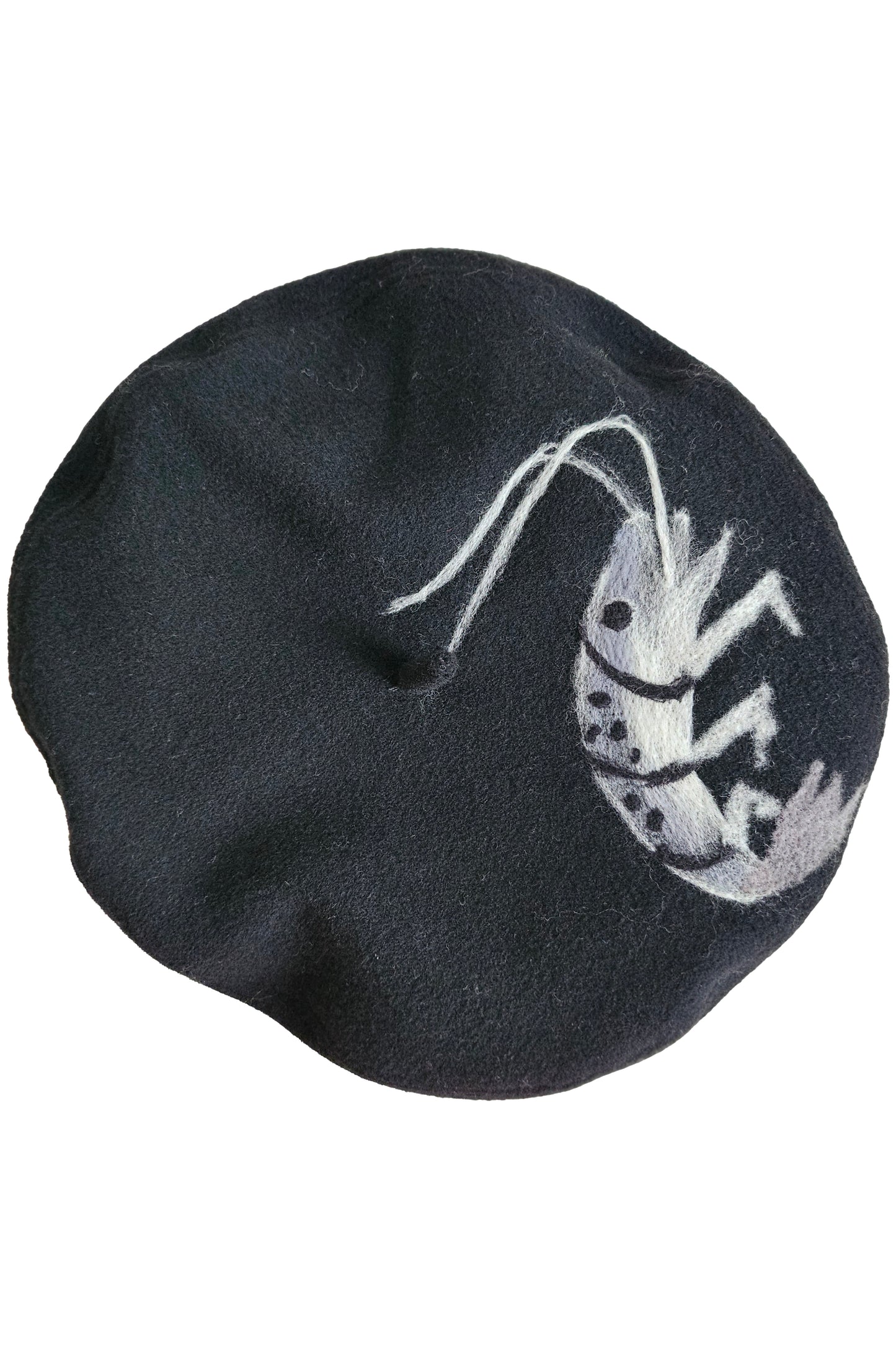 Silk Lined Beret Hat w/ Applique - Black & Grey Crawfish - Medium