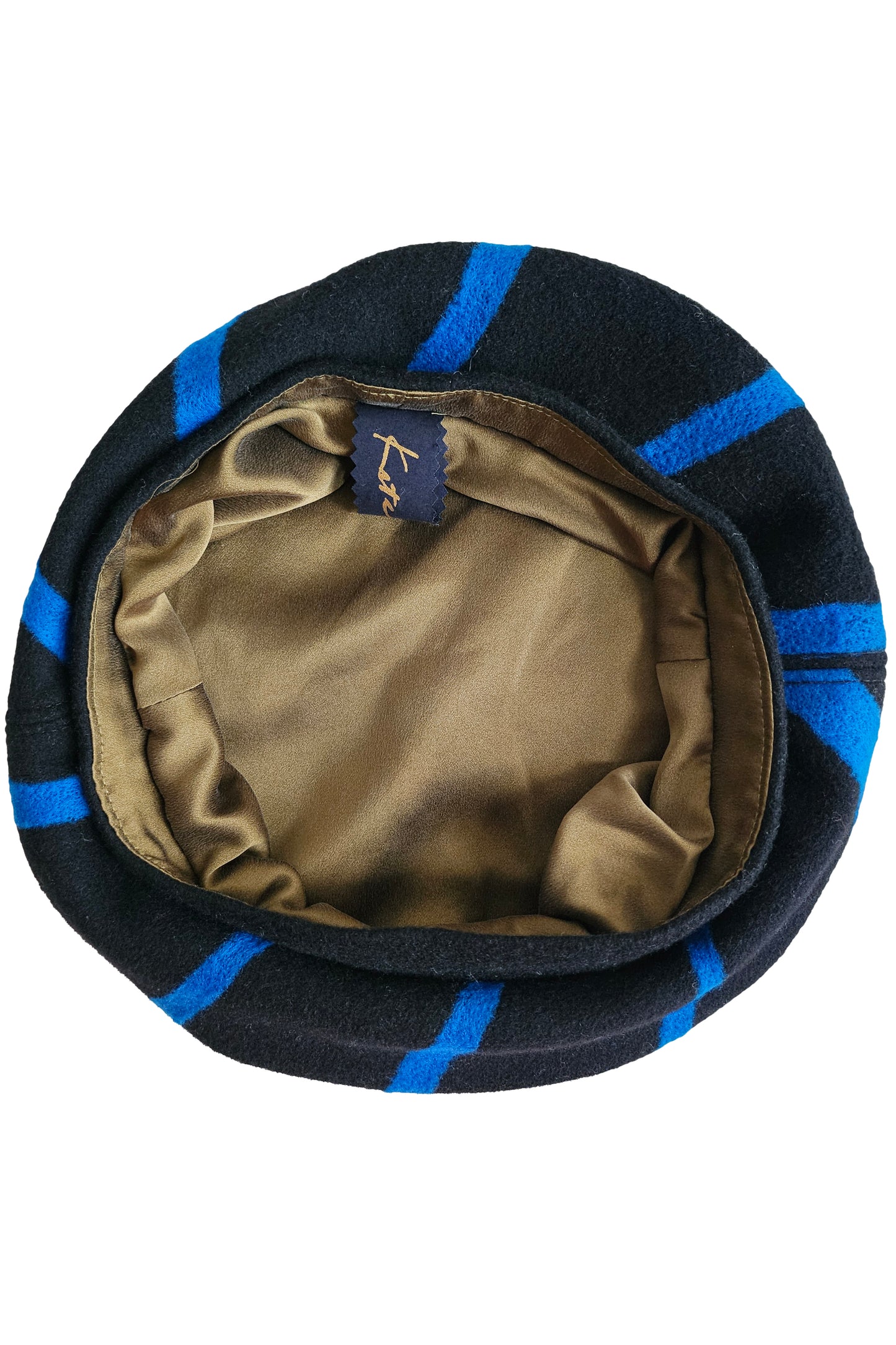 Silk Lined Beret Hat w/ Applique - Black & Blue Stripes - Medium