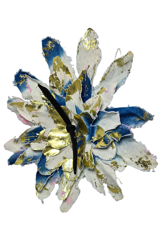 Magnetic Flower Brooch w/ Foil Print - Natural & Indigo, Gold