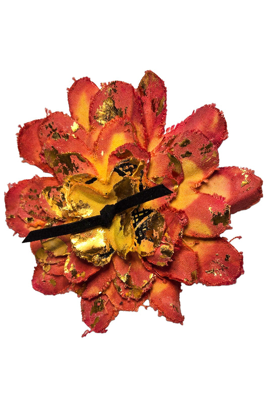 Magnetic Flower Brooch w/ Foil Print - Coral & Yellow, Gold