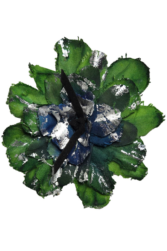 Magnetic Flower Brooch w/ Foil Print - Green & Blue, Silver