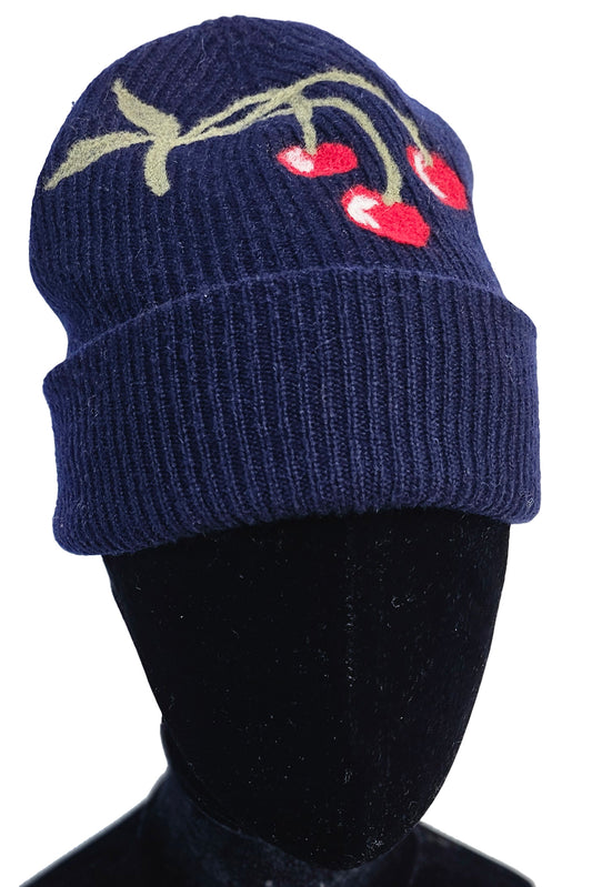 Cashmere Felted Beanie w/ Cherries - Navy