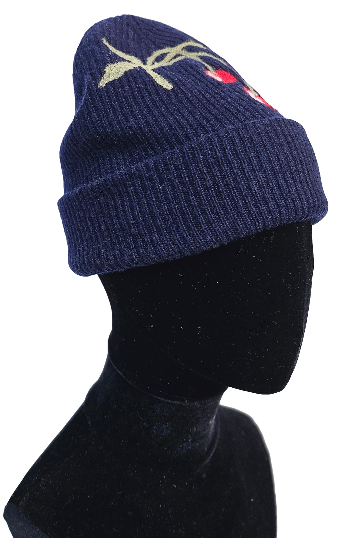 Cashmere Felted Beanie w/ Cherries - Navy