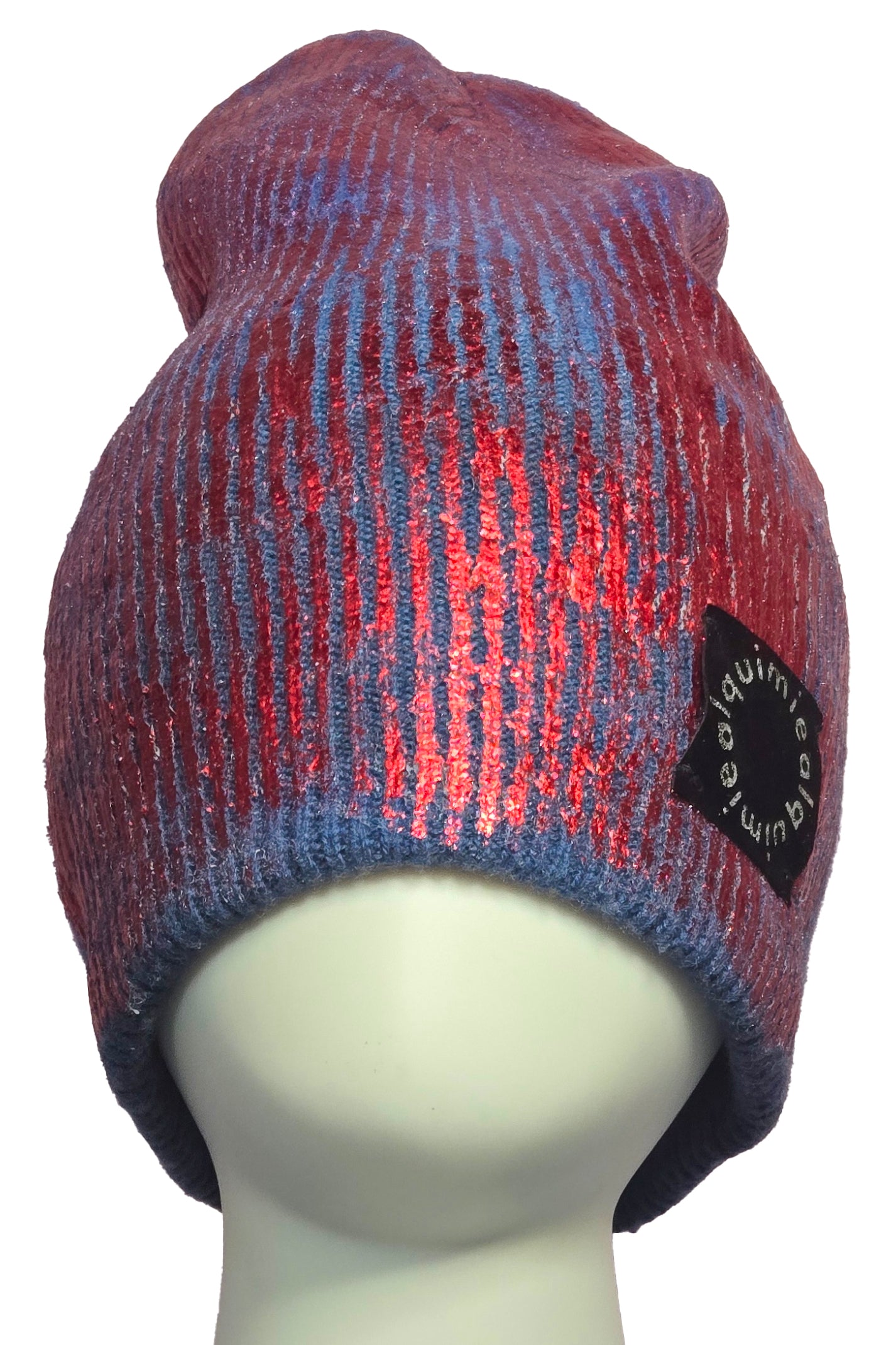 Foil Print Cashmere Beanie - Blue & Red