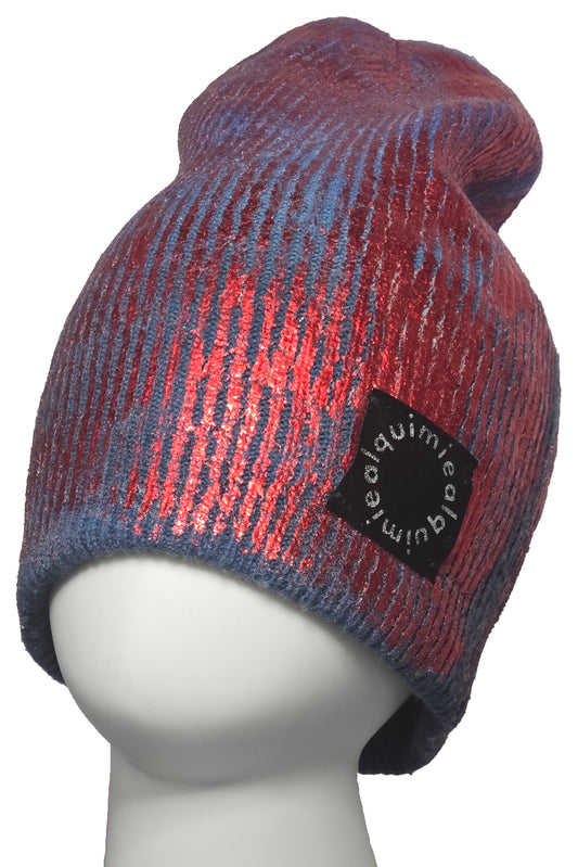 Foil Print Cashmere Beanie - Blue & Red