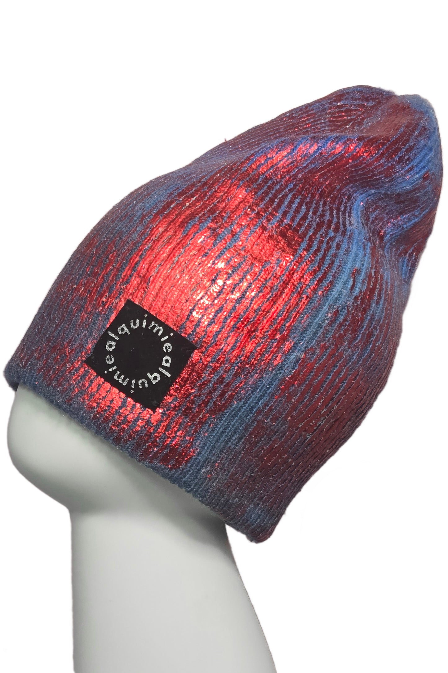 Foil Print Cashmere Beanie - Blue & Red