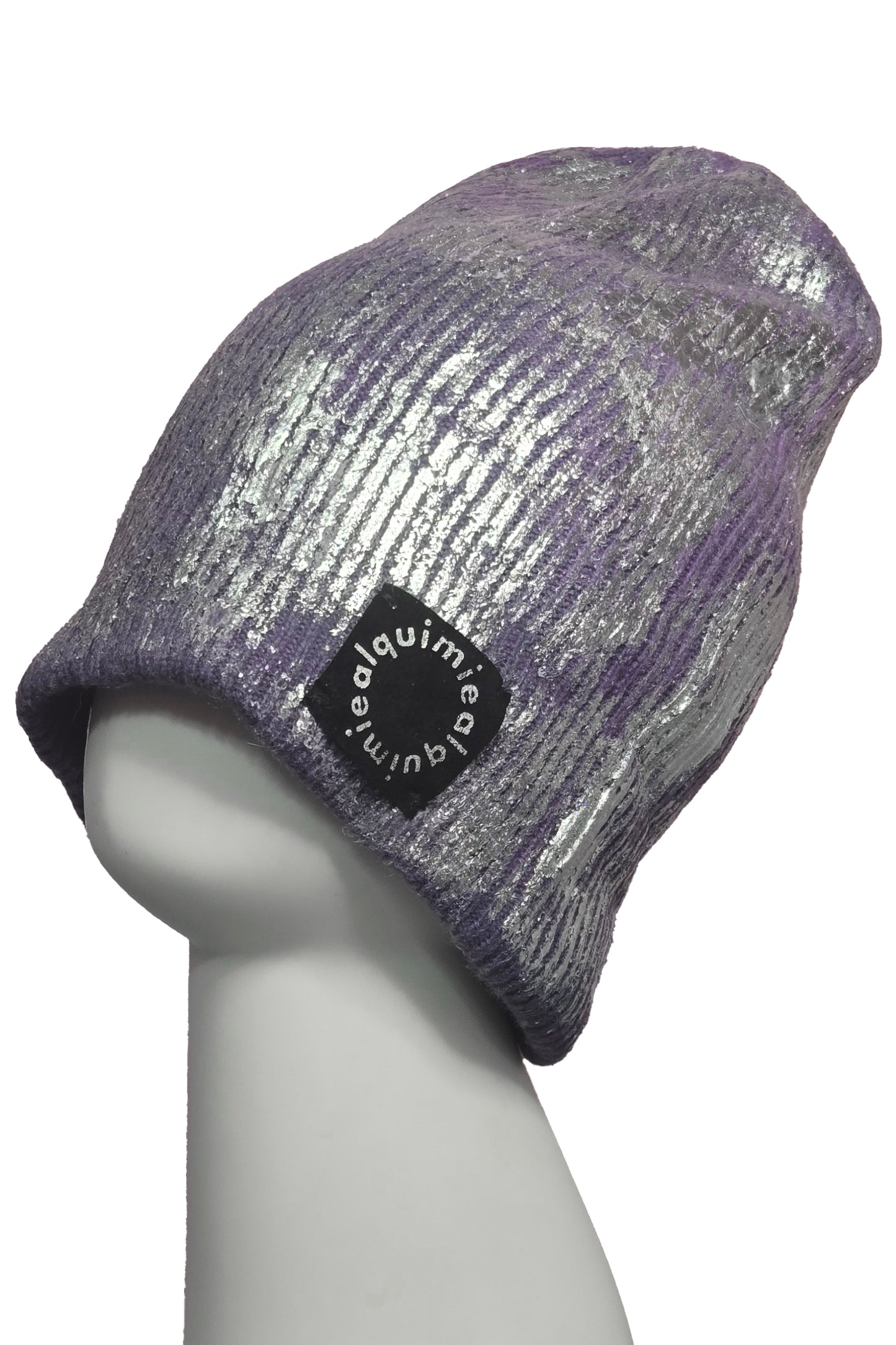 Foil Print Cashmere Beanie - Purple & Silver