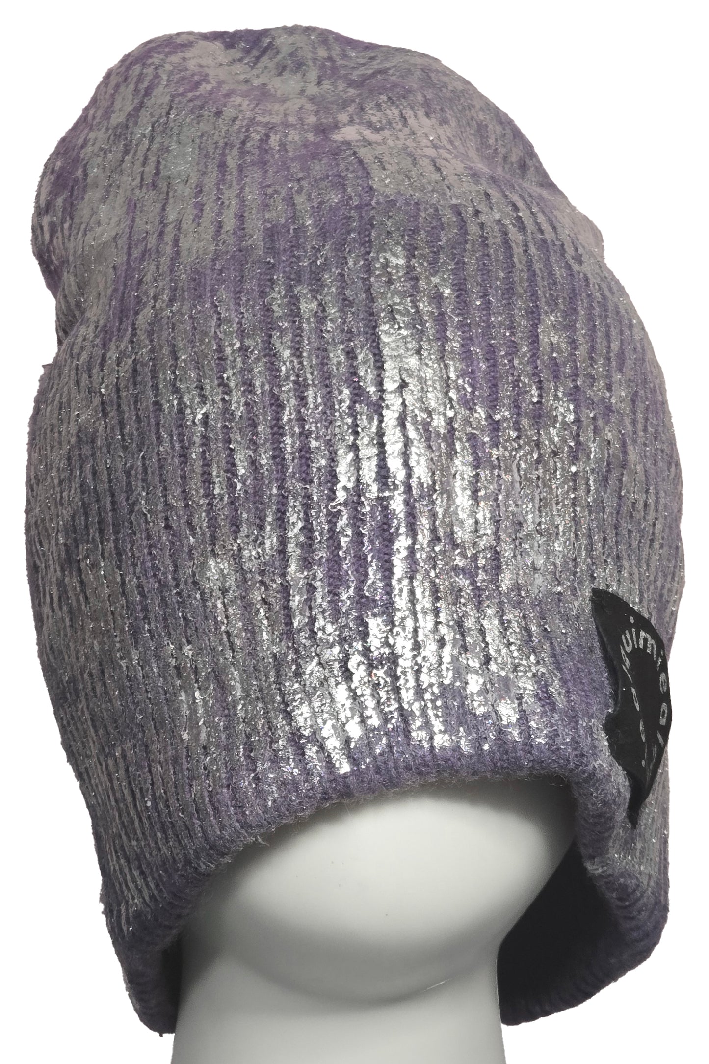 Foil Print Cashmere Beanie - Purple & Silver