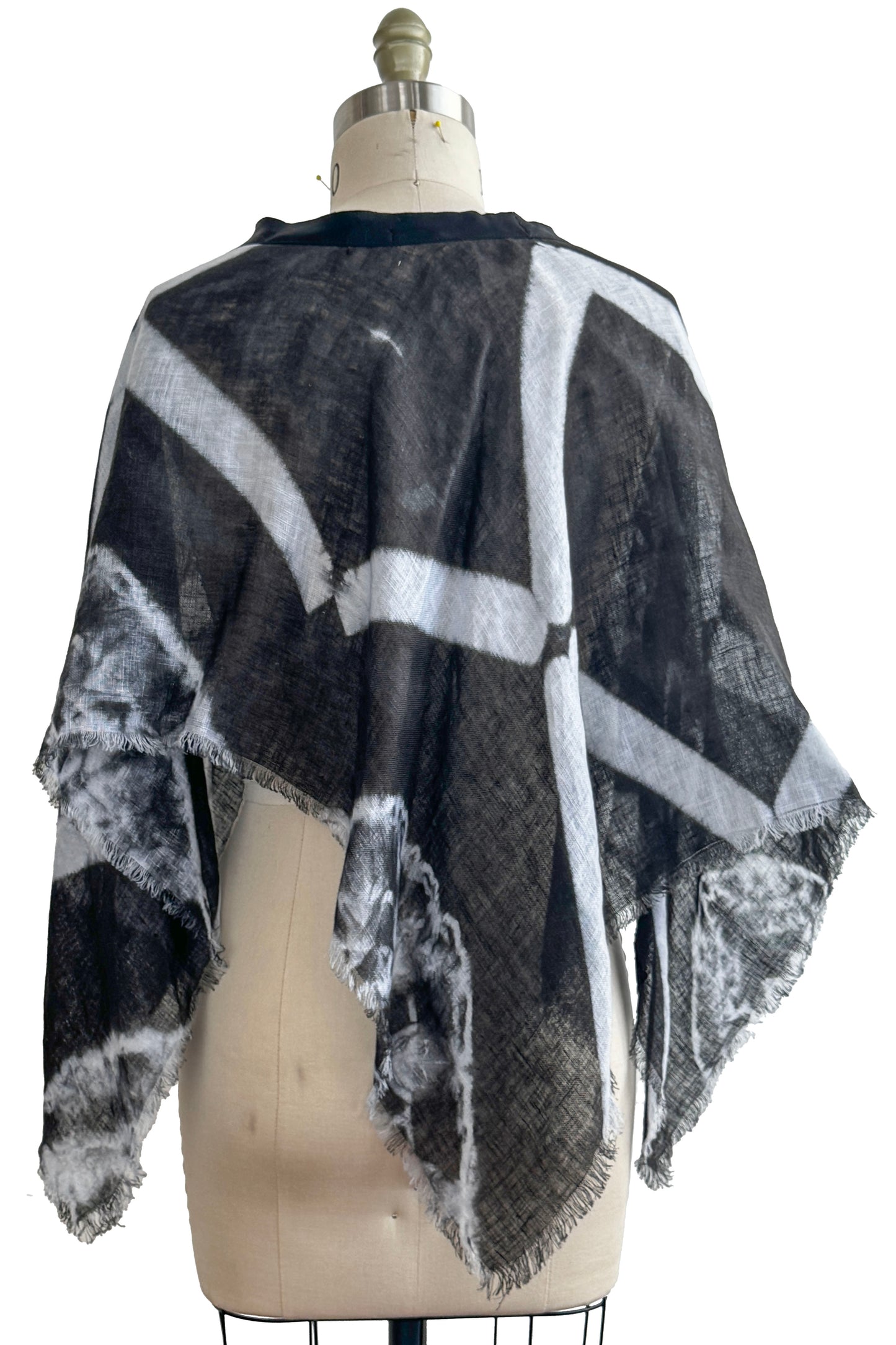 Open Weave Poncho w/ Silk Trim | Open Weave Linen | Itajime & Kumo Dye | Black & White