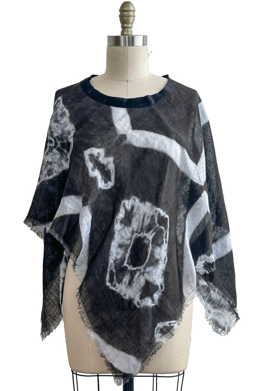 Open Weave Poncho w/ Silk Trim | Open Weave Linen | Itajime & Kumo Dye | Black & White