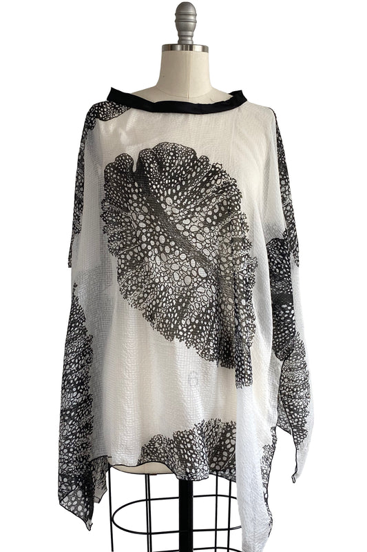 Seersucker Silk Poncho w/ Big Leaf Print - Black & White