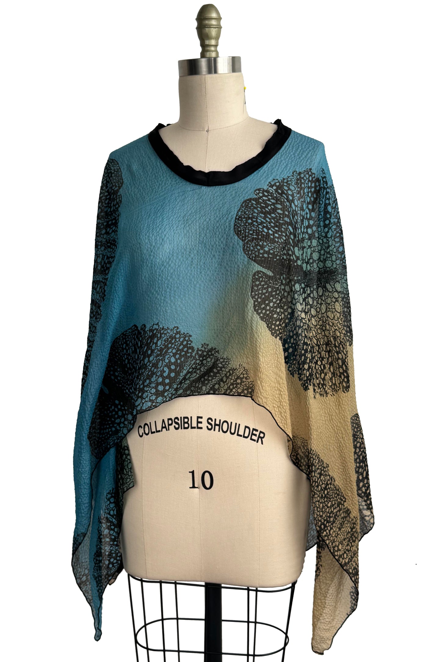 Seersucker Silk Poncho w/ Big Leaf Print - Green, Blue & Black