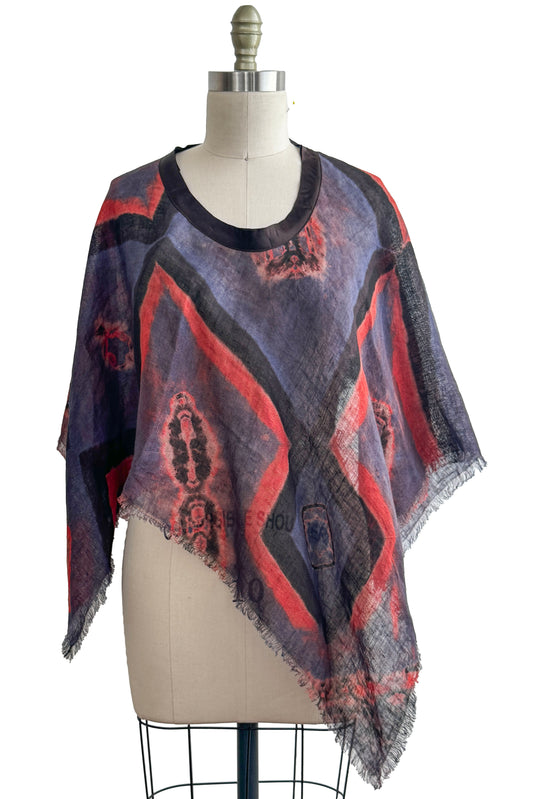 Open Weave Poncho w/ Silk Trim | Open Weave Linen | Itajime & Kumo Dye | Navy, Black & Red