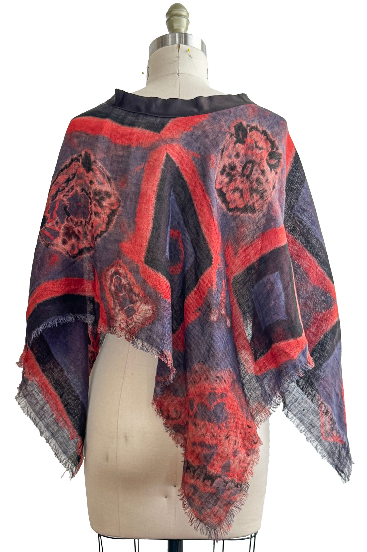 Open Weave Poncho w/ Silk Trim | Open Weave Linen | Itajime & Kumo Dye | Navy, Black & Red