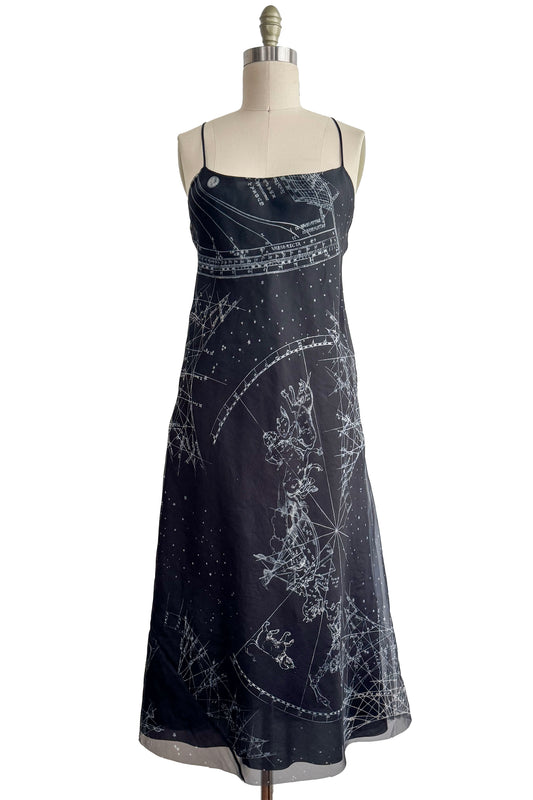 Kappa Dress in Silk - Organza Trim - Celestial Print - Black & White - S/M