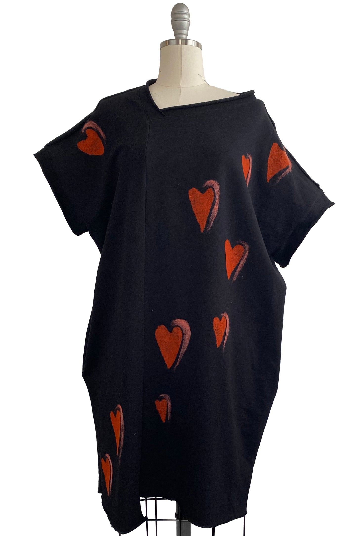 Petra Tunic Knit w/ Felted Hearts - Black & Red - Medium