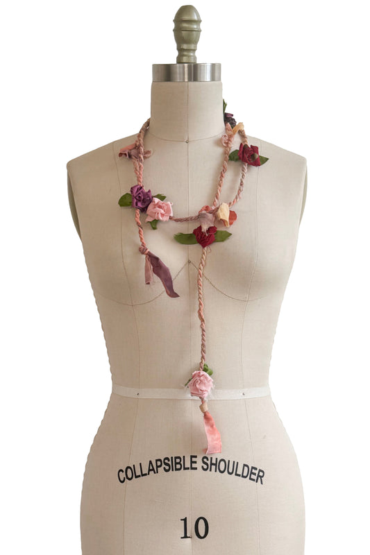 Hand Twisted Peach Rope Lariat - Silk Flowers - Pink, Purple & Red