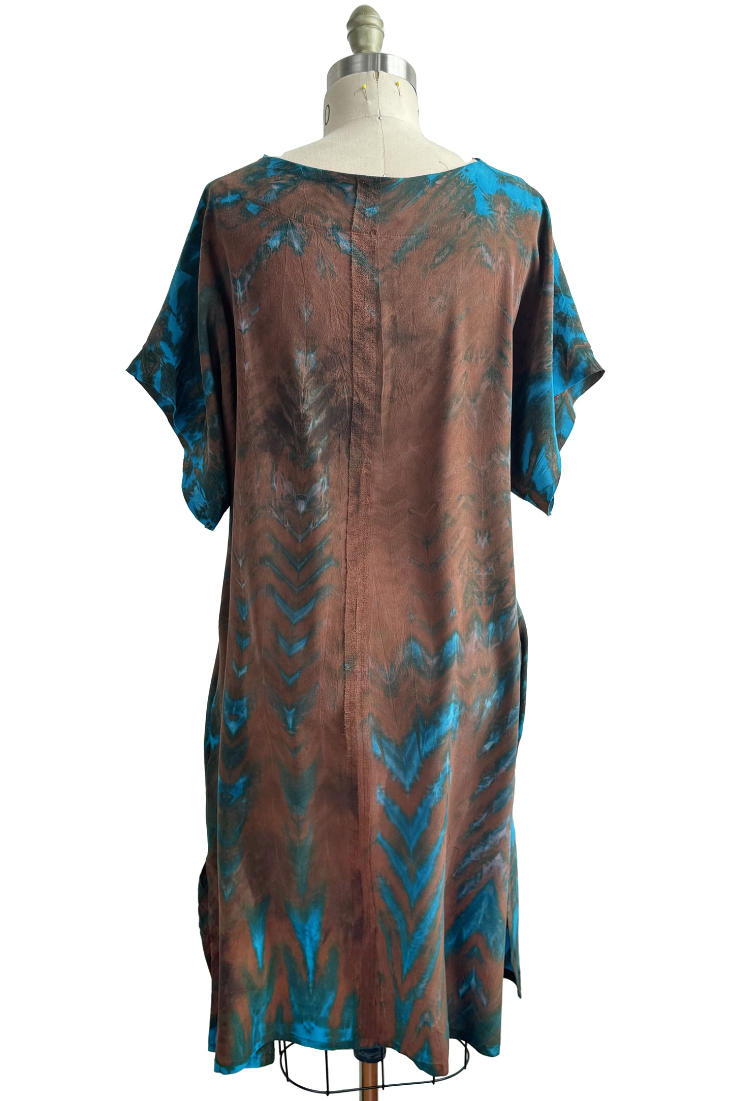 Kaftan Dress Short Sleeve w/ Shibori Arashi Dye - Brown & Turquoise - Large