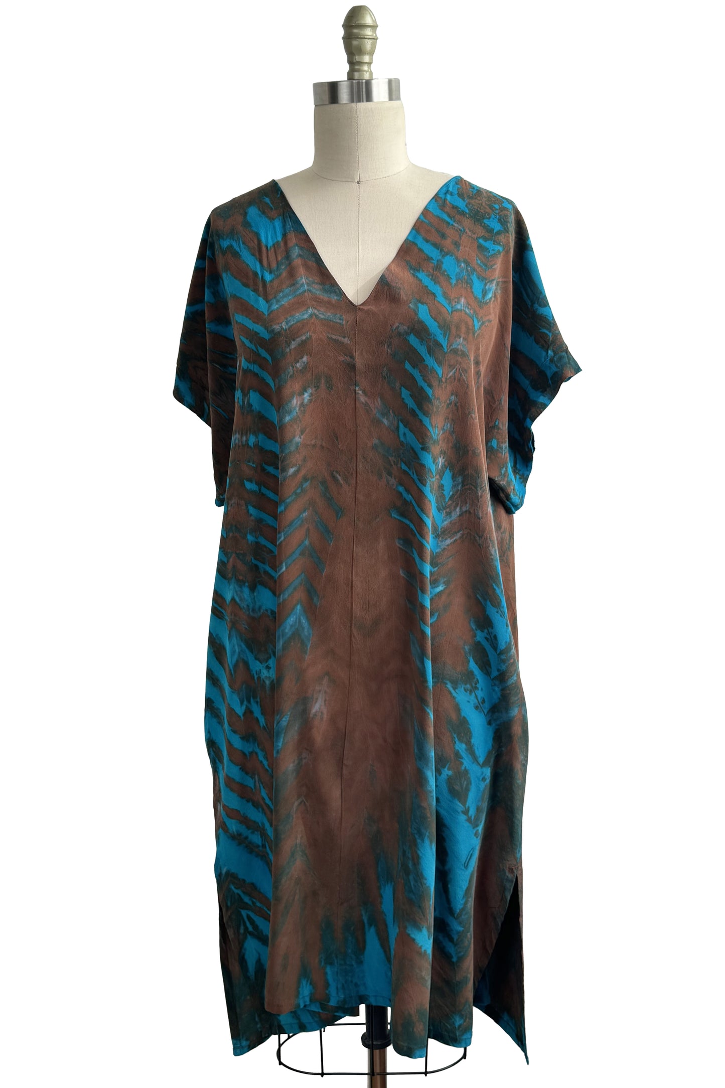 Kaftan Dress Short Sleeve w/ Shibori Arashi Dye - Brown & Turquoise - Large