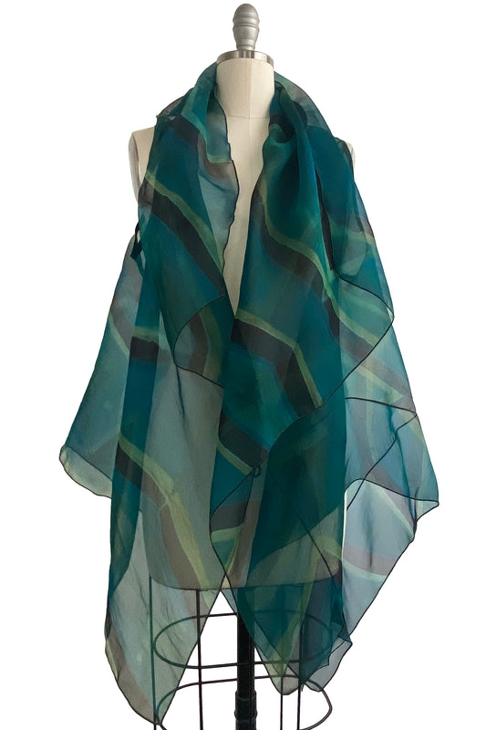 Asymmetrical Wrap Vest - Organza w/ Itajime Dye - Turquoise, Black, & Green