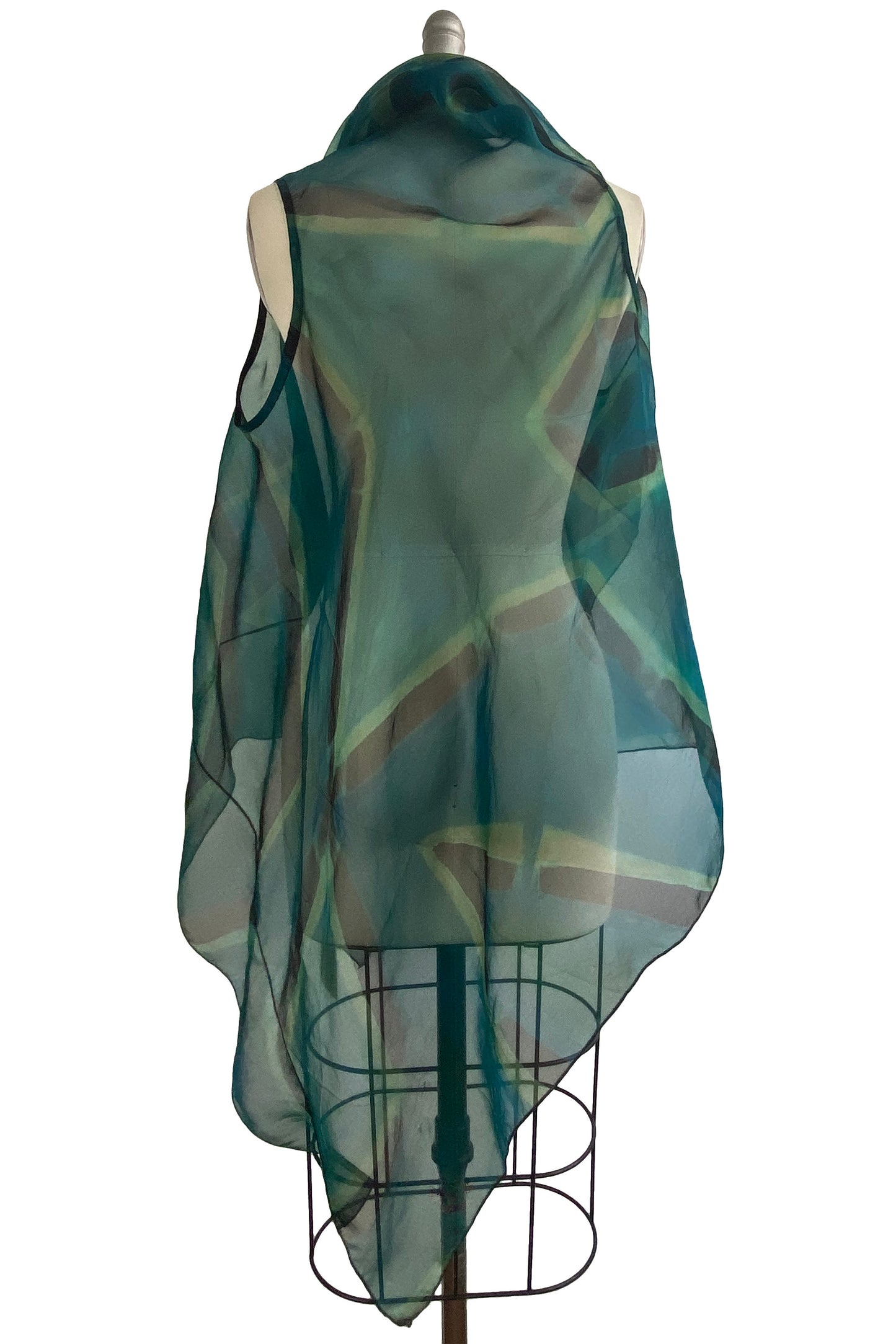 Asymmetrical Wrap Vest - Organza w/ Itajime Dye - Turquoise, Black, & Green