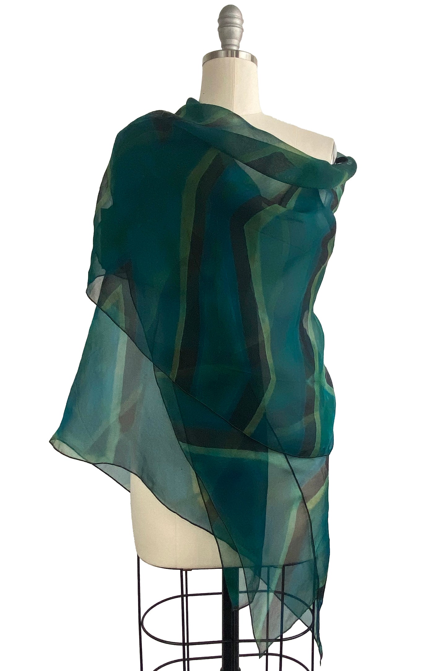 Asymmetrical Wrap Vest - Organza w/ Itajime Dye - Turquoise, Black, & Green