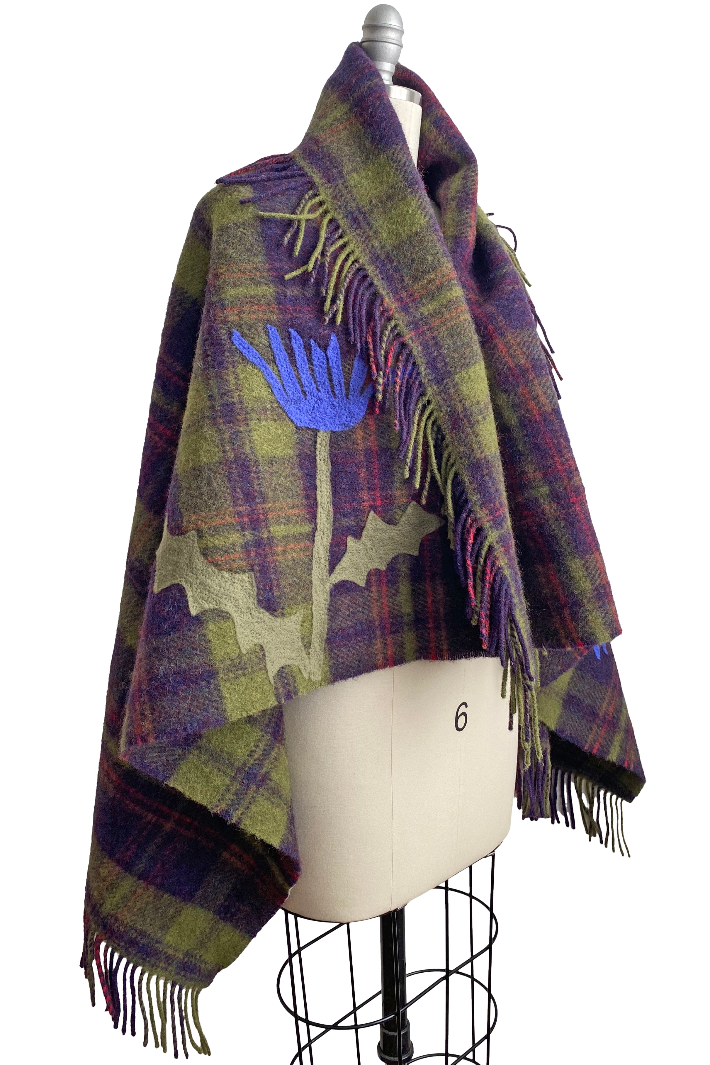 Alpaca Wool Blanket Shawl w/ Wool Applique Thistle - Purple Plaid