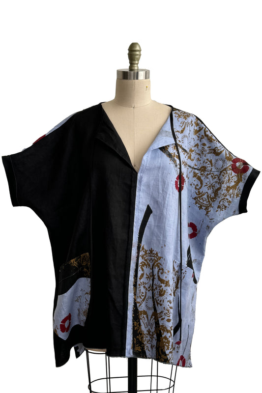 Jo Top Linen w/ Wallpaper & Poppy Print - Black & Light Blue