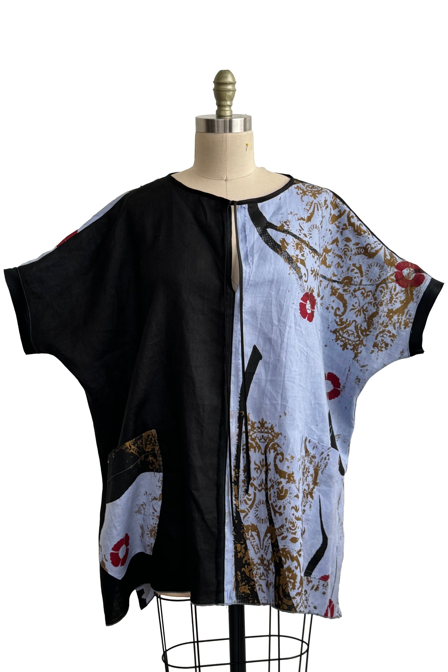 Jo Top Linen w/ Wallpaper & Poppy Print - Black & Light Blue