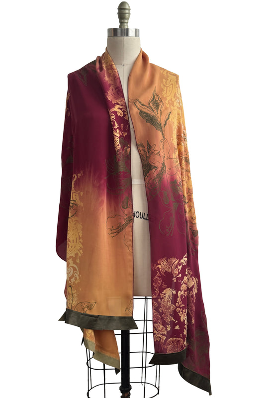 Shawl w/ Leather Trim | Silk Georgette | Wallpaper & Azalea Print | Wine & Tangerine